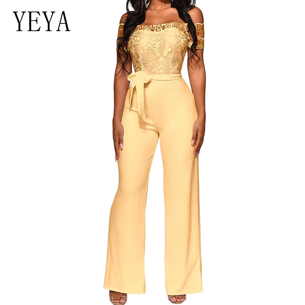 

YEYA Women Sexy Off Shoulder Lace Embroidery Bodysuit Hollow Out Short Sleeve Wide Leg Jumpsuit Summer Ladies Party Overalls
