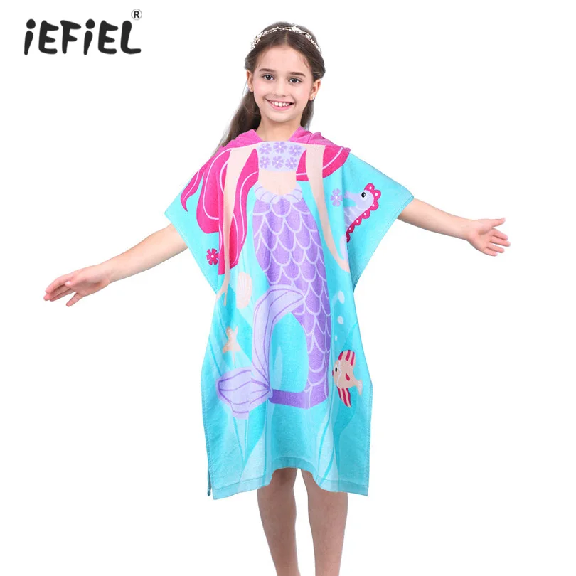 

Kids Children Girls Cotton Hooded Cute Cartoon Mermaid Printed Swim Beach Bath Pool Towel Kids Cartoon Printed Robes Skin-friend
