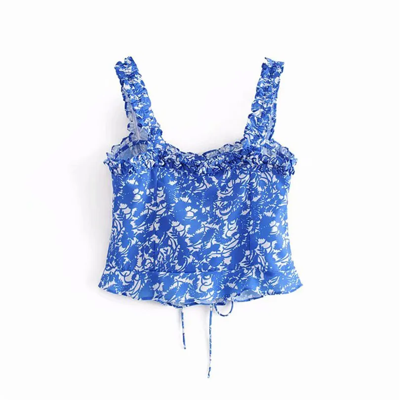 

Women vogue floral print blue crop tops short style camis ruffled adjustable strap 2019 summer chic blusas