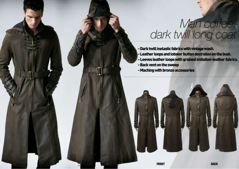 Человек кофе темно твил длинное пальто куртка Панк мода красивый с капюшоном Y550