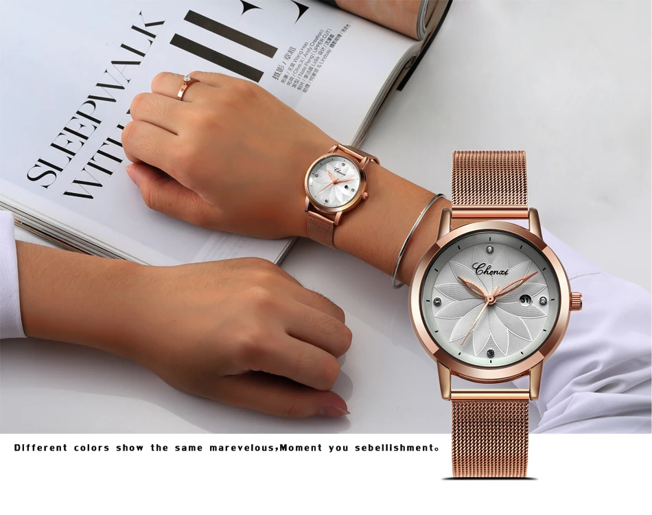 Najtaniej CHNEXI prosta siatka z różowego złota zegarki ze stali nierdzewnej kobiety marka luksusowy zegar damski zegarek na rękę Lady Relogio Feminino