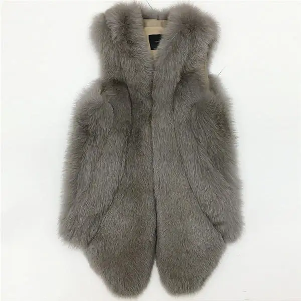 Tatyana furclub новые зимние куртки женские длинные жилеты из лисьего меха топы из натурального Лисьего меха модные уличные повседневные меховые жилеты - Цвет: dark grey