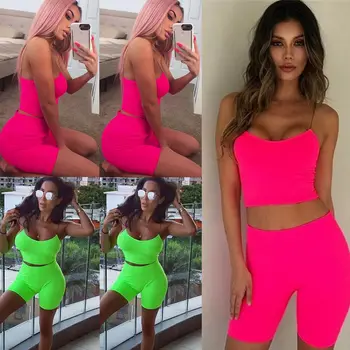 

Hirigin Women Summer Casaul Solid Bodycon Sleeveless Crop Top Vest High Waist Shorts 2 Pieces Set Fitness Outfit