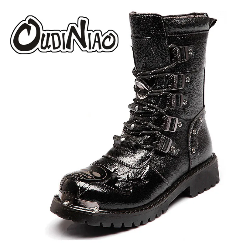 OUDINIAO Boots Men Military Split Leather Combat Boots Metal Skull Male