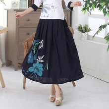 Темно-синий китайский Стиль Для женщин длинная Плиссированная юбка Винтаж хлопок и лен с принтом юбка Повседневное цветок расклешенные юбки M L P0016