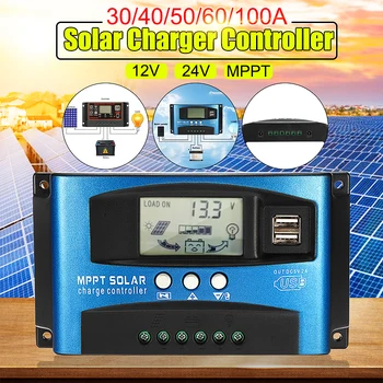 

MPPT 30/40/50/60/100A Solar Charge Controller Dual USB LCD Display 12V 24V Auto Solar Cell Panel Charger Regulator with Load
