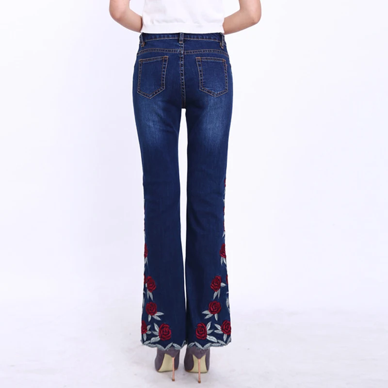 FERZIGE, известный бренд, джинсы для женщин, с цветочной вышивкой, эластичные сапоги, расклешенные брюки, повседневные женские брюки, клеш