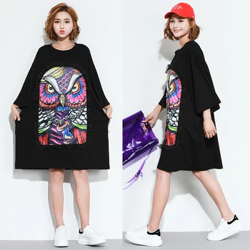 

2019 Summer New Women's Dress Loose Large Size Casual Tide Brand Owl Print Medium Long Sleeve T-Shirt Dress