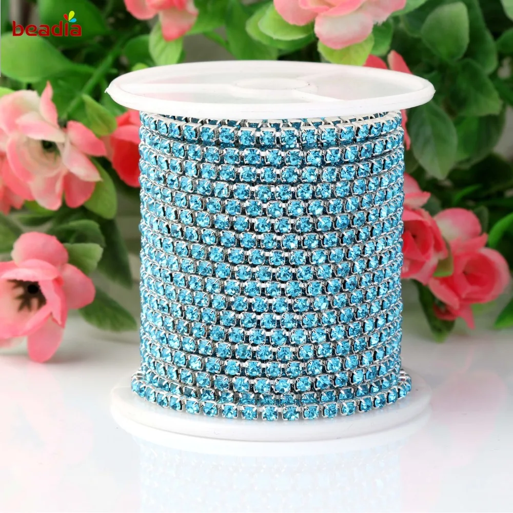 

Hot Sale 2/2.5/2.8/3mm Silver Base High Density Flatback Turquoise Rhinestone Chain For Decor Craft Sewing Clothes Accessories