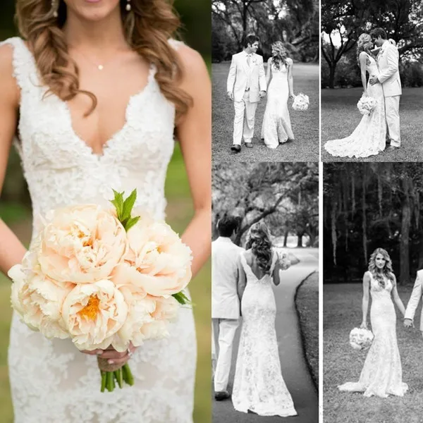 Modest Summer V Neck Mermaid Wedding Dresses Cheap Lace Beach Garden Backless Country Applique 2018 Bridal Gown Train Bride Dress Custom