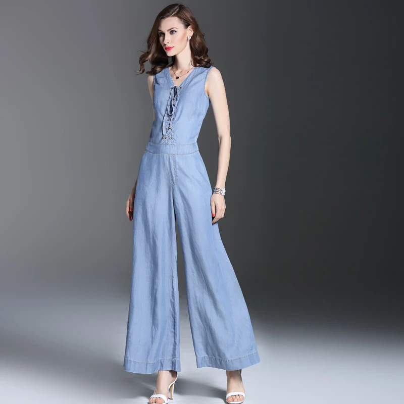 Summer 2018 Womens Lace Up Washed Full Length Wide Leg Denim Jumpsuits