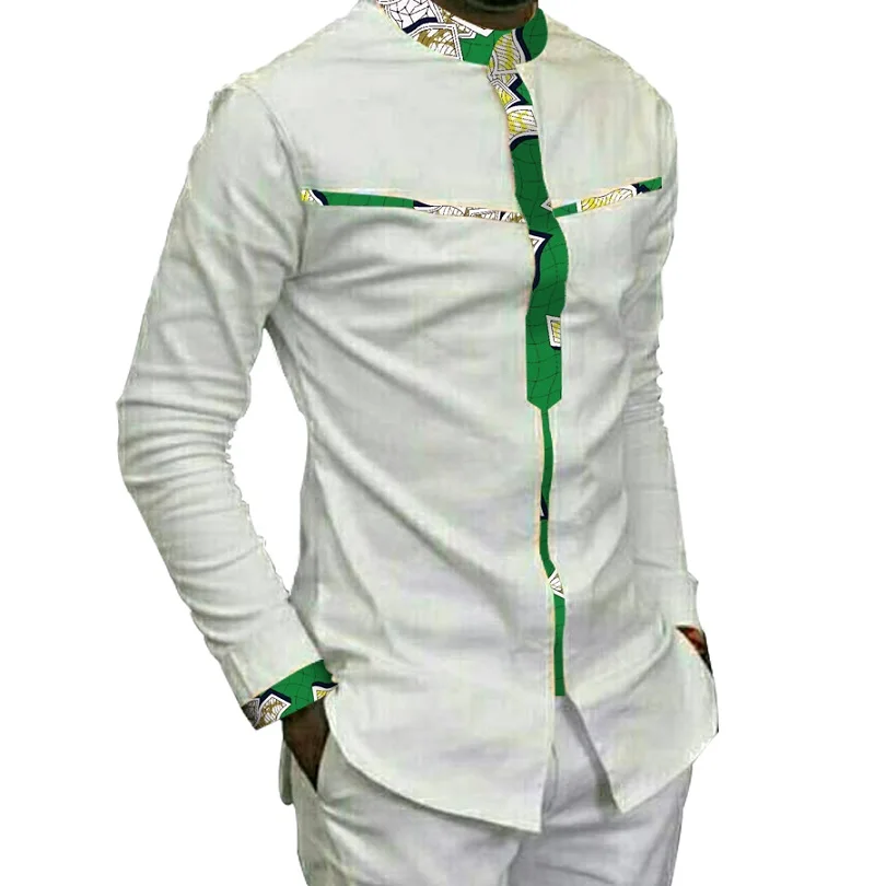 Модная мужская африканская праздничная одежда Анкара одежда Африканский принт Топы с длинным рукавом принт и белая хлопковая Лоскутная футболка - Цвет: 5