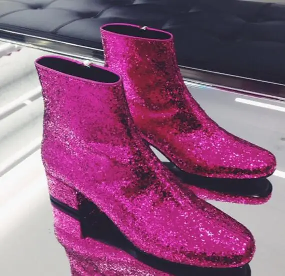 

2017 hot selling bling bling glitter woman boots thick heels riding boots round toe leather boots punk style ankle boots