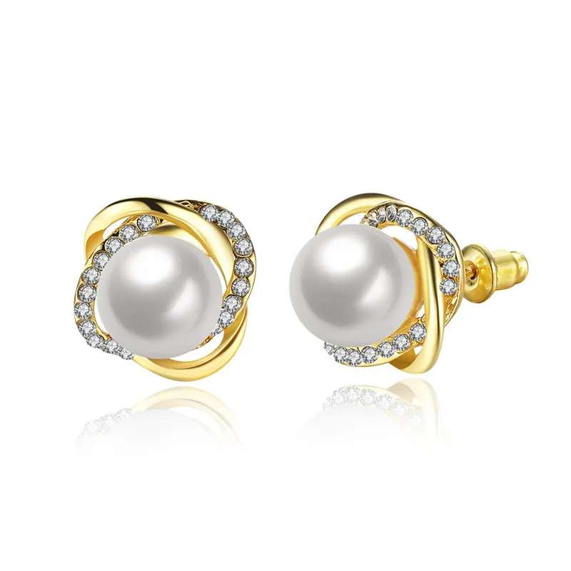 

Elegant Womens Stud Earrings Yellow Gold Filled Pearl and Zirconia Flower Earrings