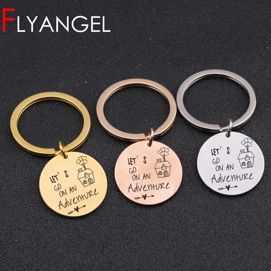 

Hot Engraved Keyring Flowers House Let's Go On An Adventure Fashion Car Key tag Heart Arrow Cute Bag Charm For Traveller Gifts