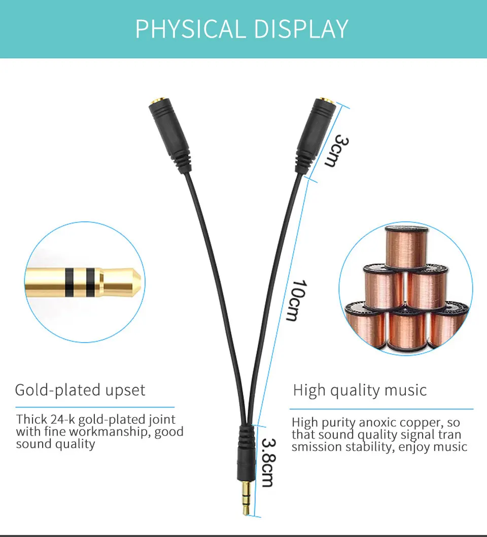 3.5mm Jack Male to 2 Female Headphone Splitter Audio Cable 3.5mm Splitter Adapter Aux Cable for iPhone Samsung MP3 Playe (10)