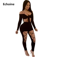 Women Sexy Bandage Hollow Out 2 Pieces Set Off Shoulder Long Sleeve Crop Top Bow Bodycon Slim Pants Set Clubwear Outfit top quality 2017 autumn winter women sexy runway 2 pieces bandage set long sleeve cardigan coat suit tunic pencil pants set