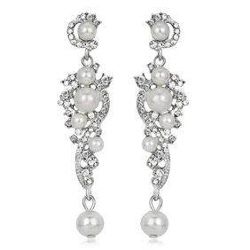 

Shiny Rhinestone Faux Pearl Long Dangle Earrings Women Bridal Wedding Jewelry