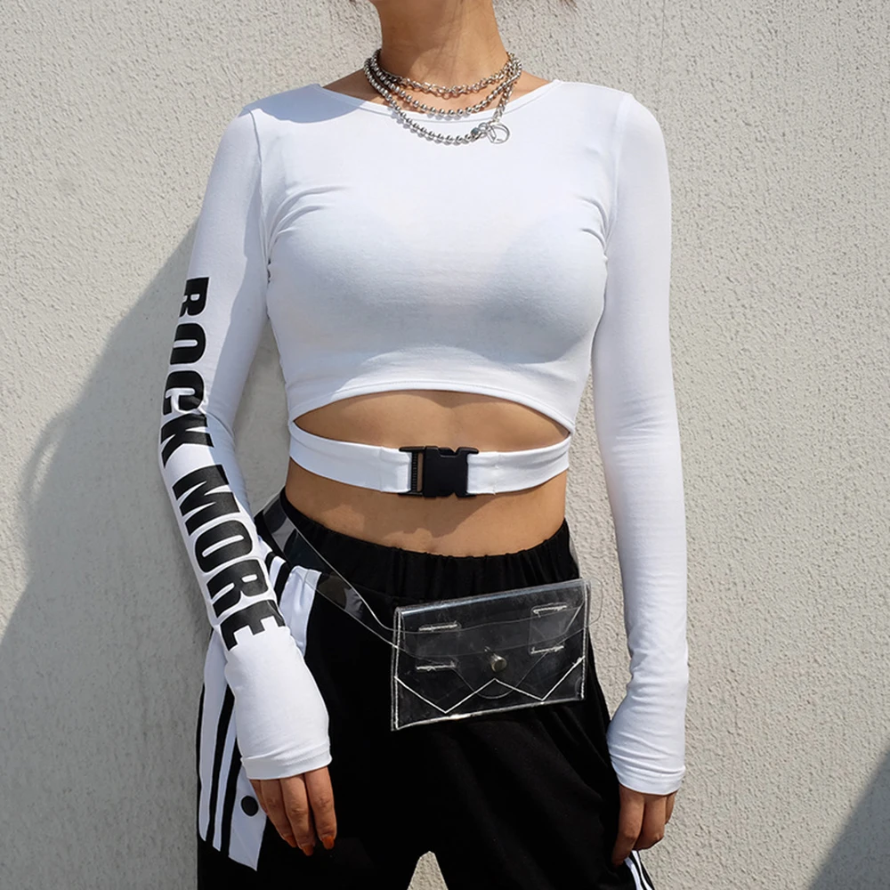 Spring and summer new style European and American wind bag buckle hollow top Women's short long sleeve top