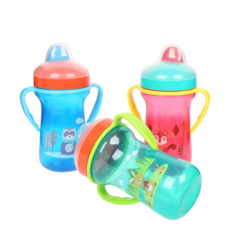 

300ML Infant Baby Kids PP Material With Handle Cup Cute Cartoon Animal Pattern Solid Color Duckbill Mouth Drinking Water Bottle