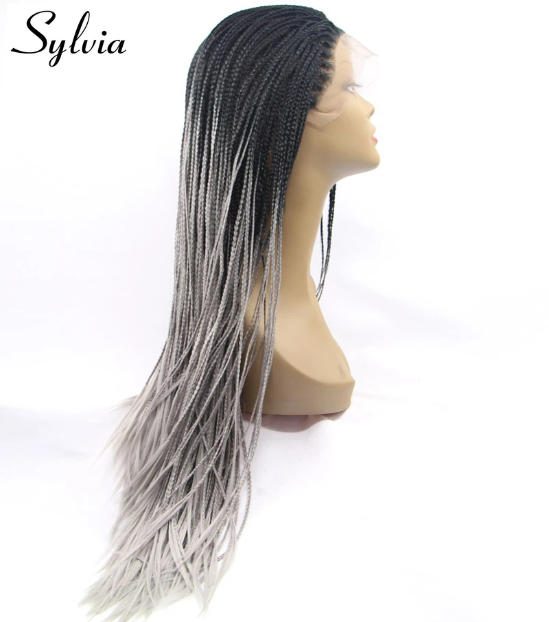 Sylvia T1B/серый микро плетение синтетические кружева перед парики серый Ombre плетеный ящик косы жаропрочных волокна волос для черные женские