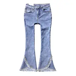 2019 Джинсы женские жемчужные синий тянутся стандартная Женская расклешенные штаны на каждый день моющийся со средней талией, женские