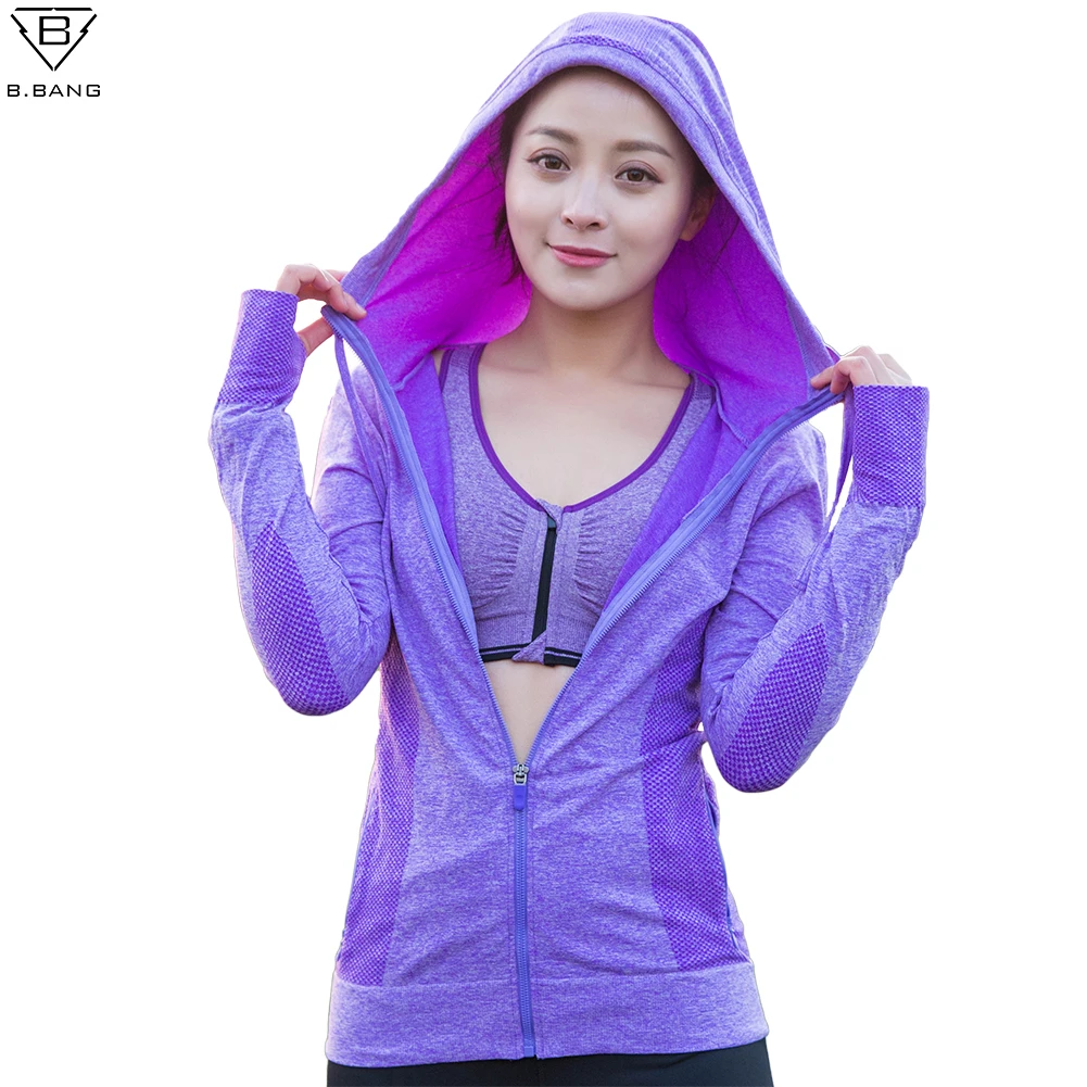 baratas B. bang mulheres correndo zipper com capuz casacos casacos de treino de fitness yoga esportes longo manga outerwear para a mulher
