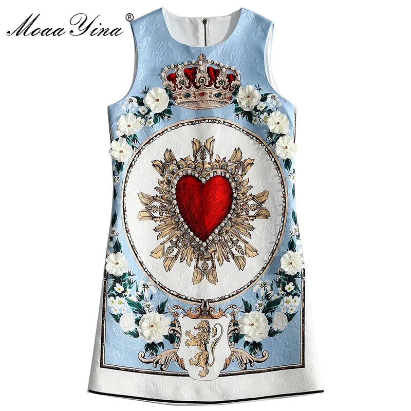 

MoaaYina 2018 Fashion Designer Runway Dress Summer Women Sleeveless Applique Print Beaded Crystal Diamond Pearl Vintage Dress