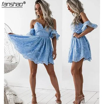 

Sky Blue Cocktail Dresses A-line Spaghetti Straps Short Mini Lace Party Plus Size Homecoming Dresses