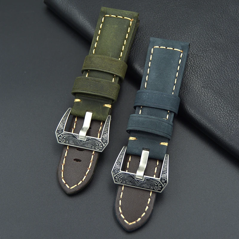 22 24mm New High quality Genuine Leather watchband with stainless steel fashion buckle for fossil PAM handmade watch Wristband