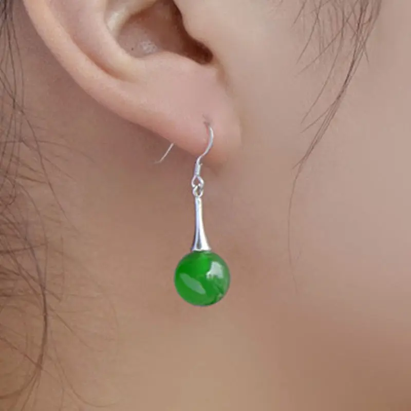 

ldy's 925 Sterling Silver 10mm Nturl Green gem Round fshion Errings