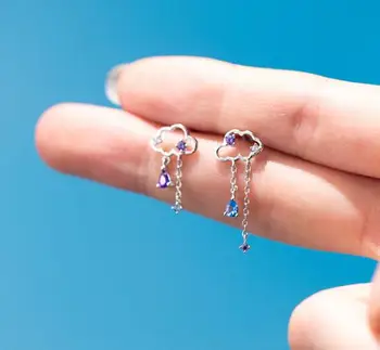 

asymmetric Earrings 100% REAL. 925 Sterling Silver Fine Jewelry Amethyst &Blue cz stone clouds Dangle Tassel Earrings GTLE2183