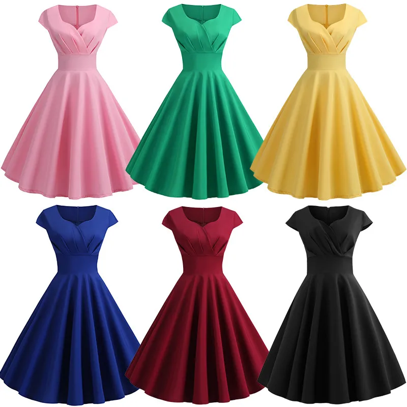 

2019 New Women Summer Dress Hepburn 50s 60s Retro Swing Vintage Dress A-Line Party Elegant Red Black Dresses Hepburn Style
