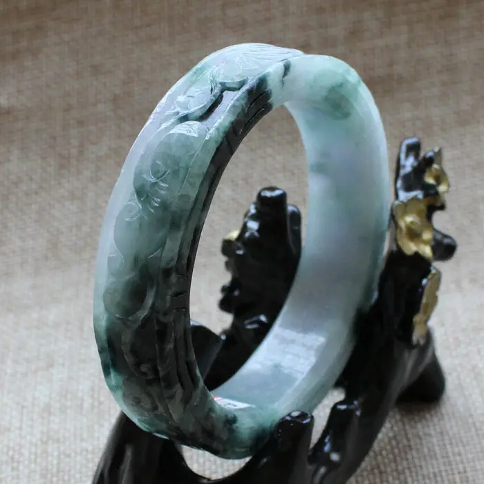 

A821 Chinese Hand-carved Emerald Green stoneite stone Gems Bracelet Bangle 58mm