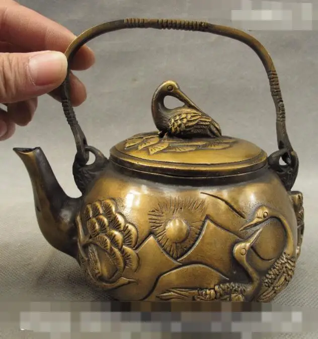 

S05658 6" Folk Chinese Bronze Longevity Fly Crane Handle Statue Flagon TeaPot Wine Pot