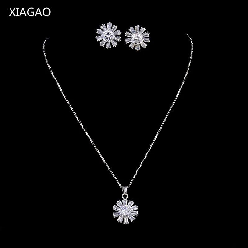 

XIAGAO 2017 New Arrival Sun Flower 6 colors Stud Earring & Necklace Top AAA CZ Pved Fahion Jewelry Set For Women OL S