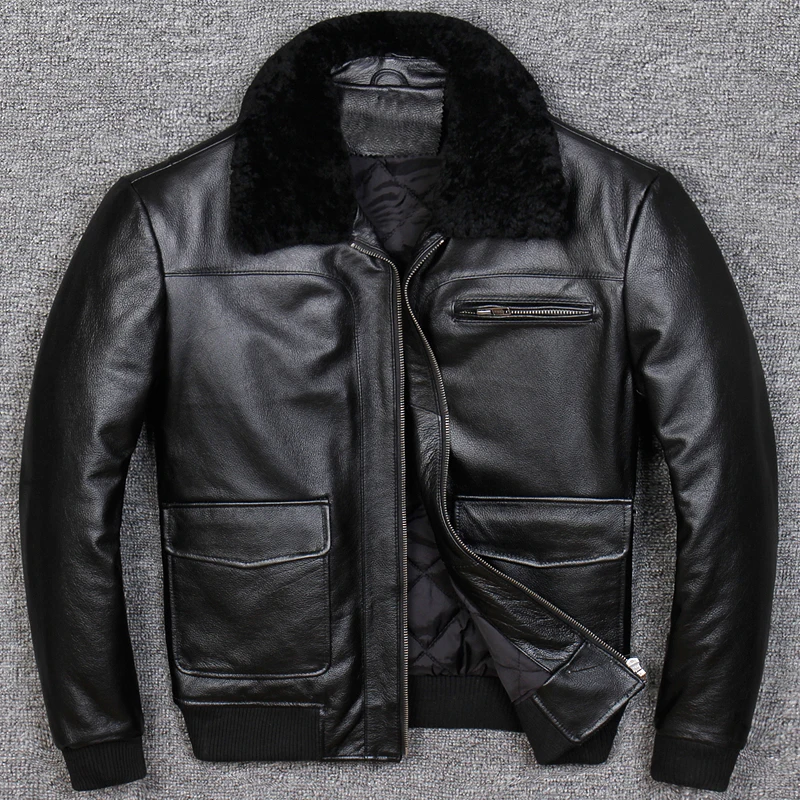 AYUNSUE Genuine Leather Jacket Men Autumn Winter Sheepskin Coat Pilot Bomber Jacket Wool Collar Short Real Leather 818 KJ1338