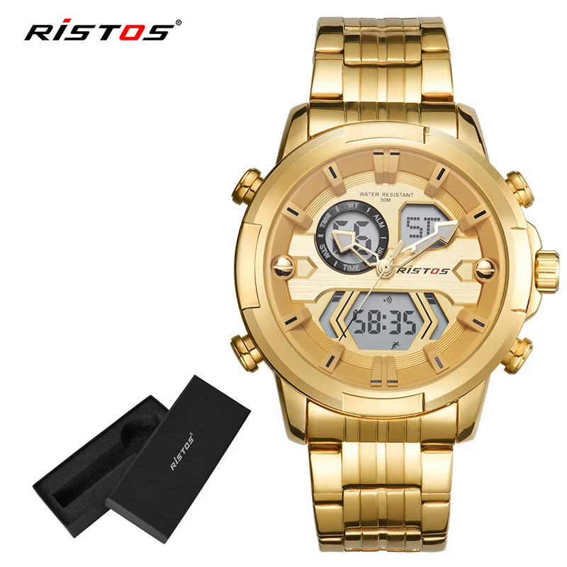 RISTOS Мужские Цифровые Аналоговые наручные часы модные часы Relojes Masculino Hombre многофункциональные мужские спортивные часы с хронографом Новинка 9359 - Цвет: Gold Gold Box