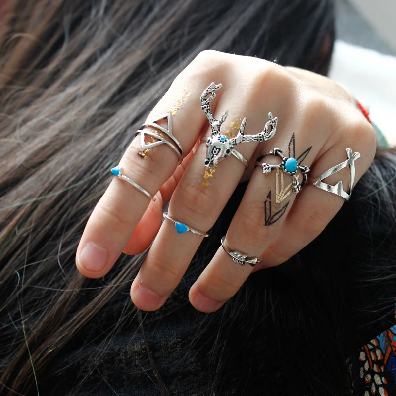 

Stackable Midi Ring Set Elk Geometric Irregular Arrows Ring Christmas Party Jewelry Women Popular Punk Jewelry Boho Style Gift