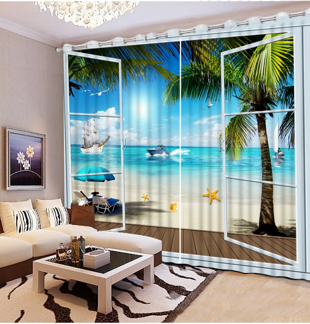 

curtains for living room 3d costom curtains Window beach scenery curtains for living room