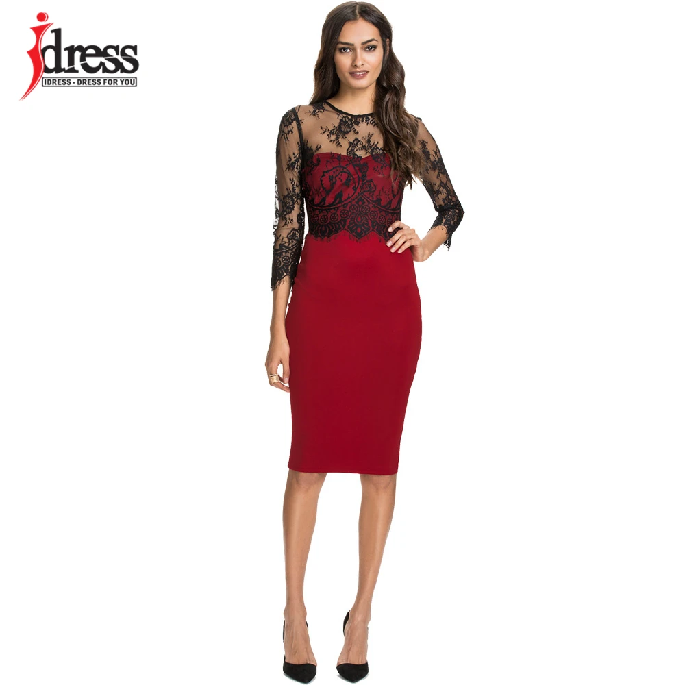 

IDress New Style Women Elegant Round Neck Half Sleeve Slim Pencil Dress Sexy Party OL Lace Patchwork Midi Bodycon Casual Dress