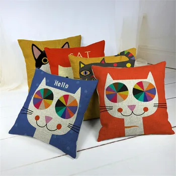 

Cartoon Style Home Decorative Pillow Cat Printed Throw Pillow Car Home Decor Linen Cotton Cushion Cojines