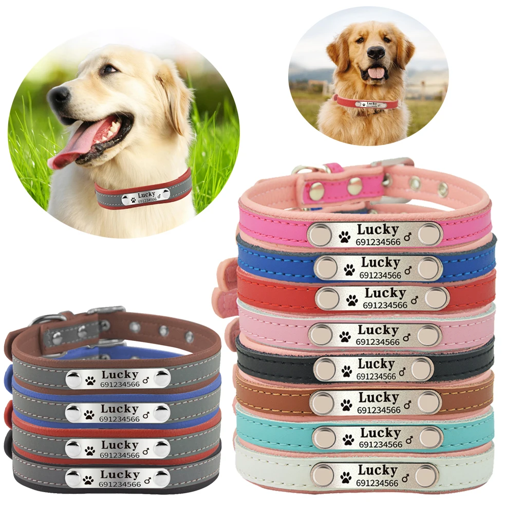 

Hot Sale Dog Name Collars Reflective Style Soft Leather Pet Dog Personalized Collars Engraved Name and Phone Number