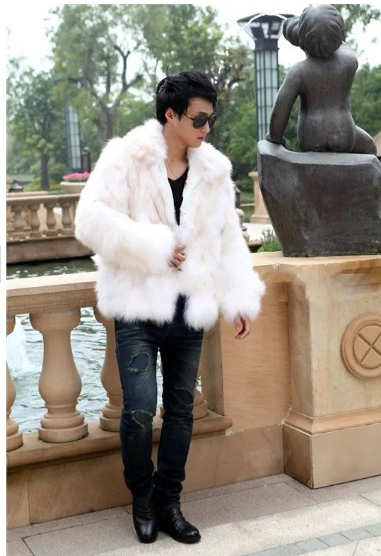 Короткие черные мужские пальто из искусственного лисьего меха с отворотом утепленные кожаные куртки мужские пальто с мехом - Цвет: Белый