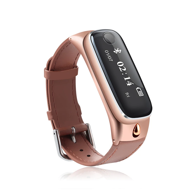 Bluetooth Headset Earphone LED Screen Genuine leather Belt Smart Band Alarm Pedometer Bracelet For iPhone Android
