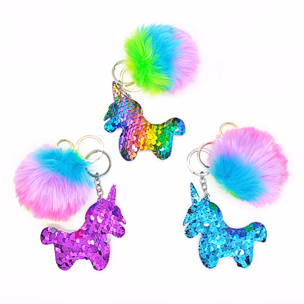 

Girls Unicorn Sequin Key Ring Fluffy Fur Ball with Unicornio Key chain Kids Children Back to School Gift Pencil Bag Pendant