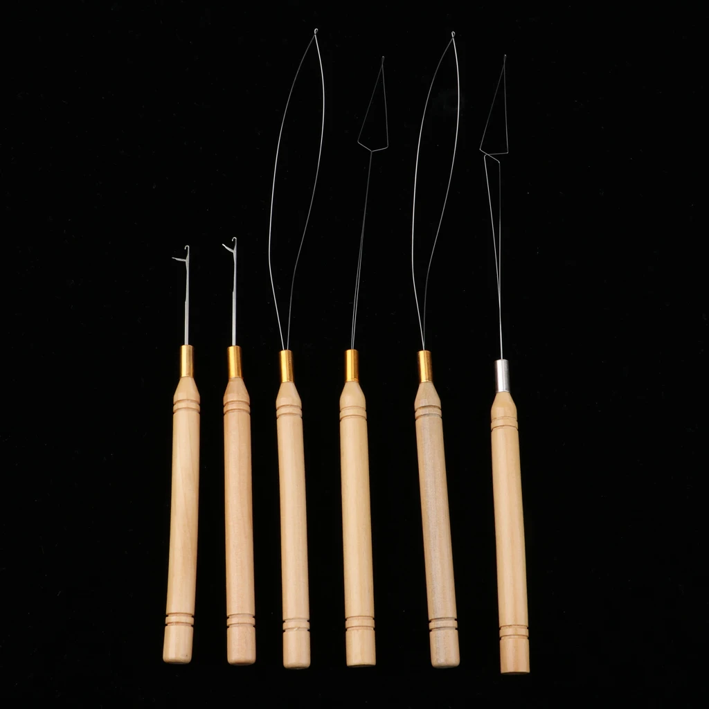 6Pcs/Set Wooden Hair Extensions Loop Needle Threader Wire Pulling Hook Tool for Beads