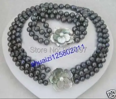 

LHX54013>>set 3row 7-8m black tahitian pearl necklace+shell clasp