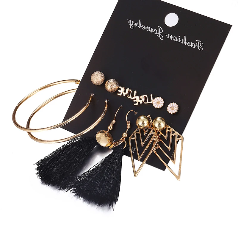 

6 Pairs/Set Punk Tassel Earrings Set Gold Color Flower Big Circle Stud Earrings Fashion Geometric Alloy Earring Set For Women