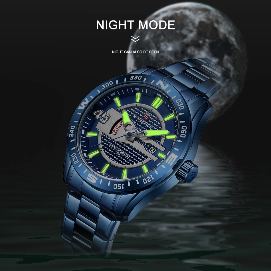 NAVIFORCE Роскошные Брендовые мужские синие часы из нержавеющей стали кварцевые